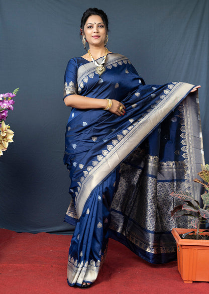 Monjolika Fashion Navy Blue Banarasi Silk Blend Saree with Silver Zari Border & Woven Pallu