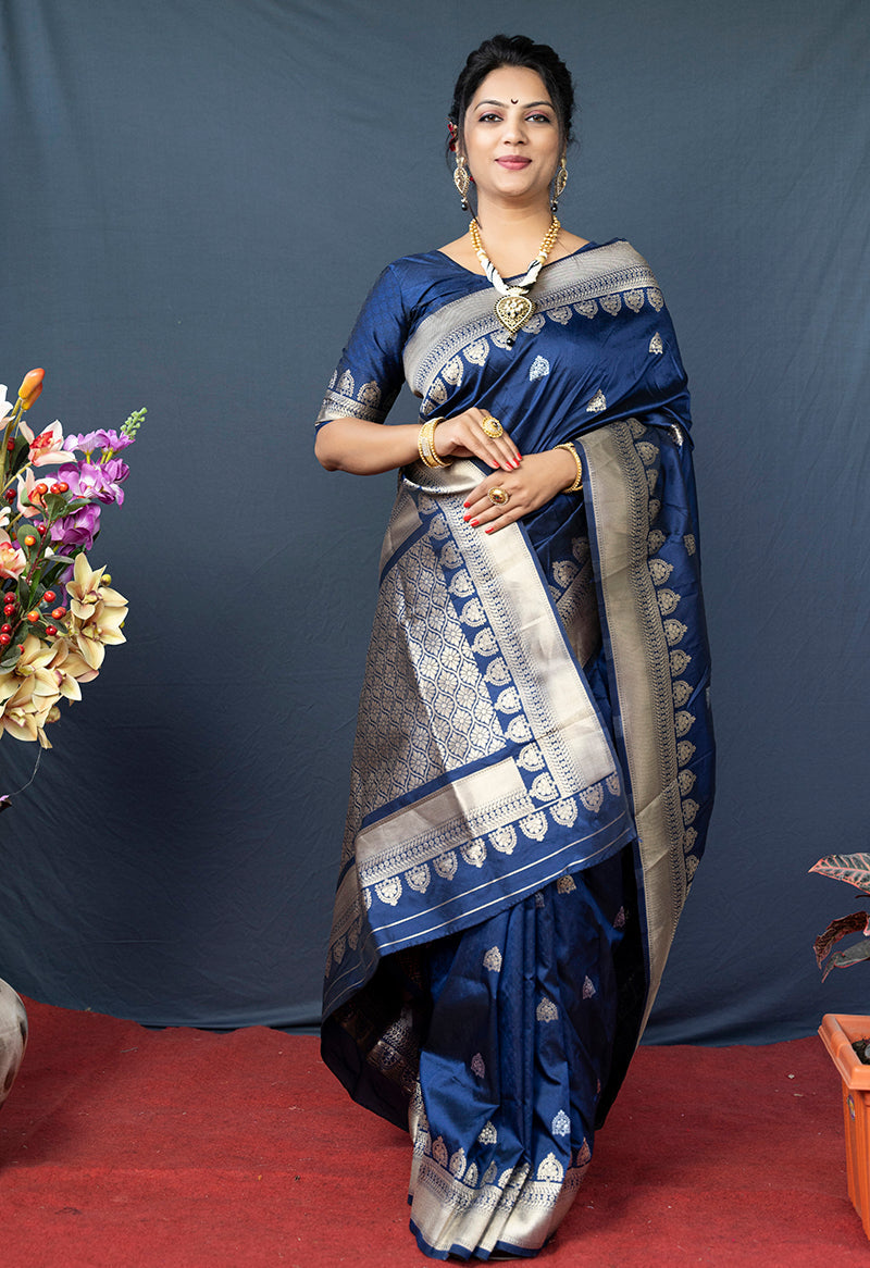 Monjolika Fashion Navy Blue Banarasi Silk Blend Saree with Silver Zari Border & Woven Pallu