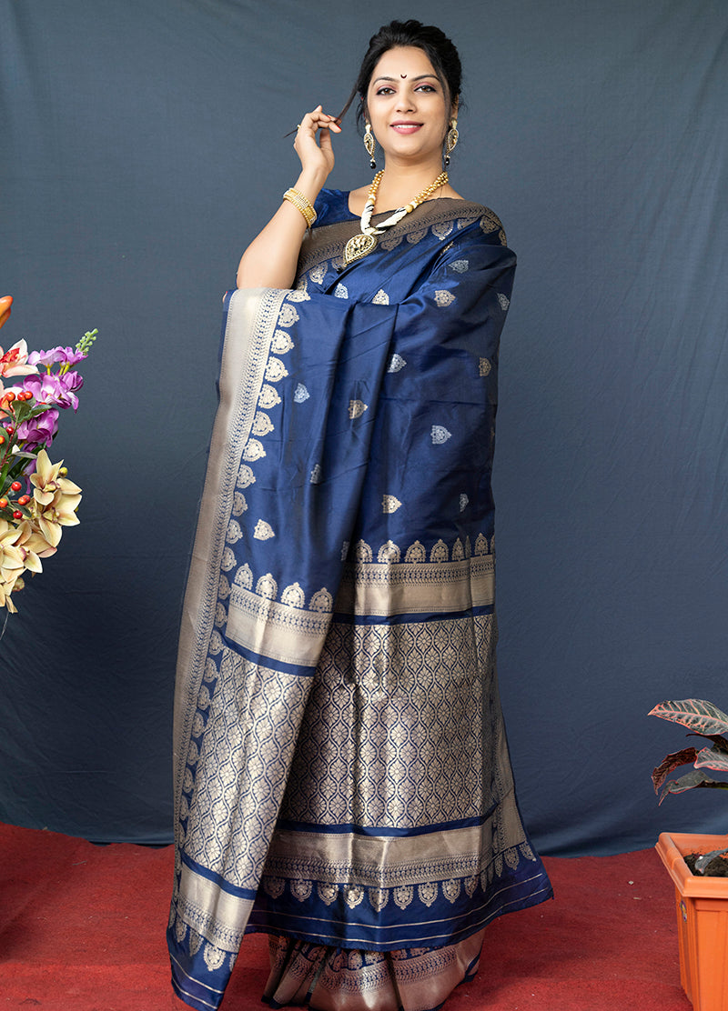 Monjolika Fashion Navy Blue Banarasi Silk Blend Saree with Silver Zari Border & Woven Pallu