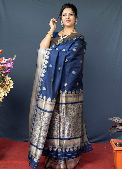 Monjolika Fashion Navy Blue Banarasi Silk Blend Saree with Silver Zari Border & Woven Pallu