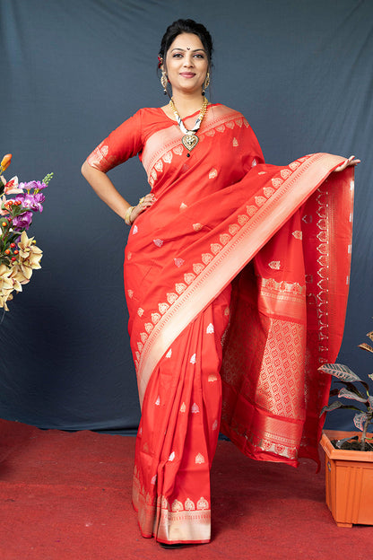 Monjolika Fashion Red Banarasi Silk Blend Saree with Silver Zari Border & Woven Pallu