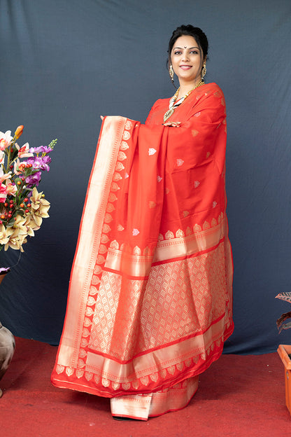 Monjolika Fashion Red Banarasi Silk Blend Saree with Silver Zari Border & Woven Pallu