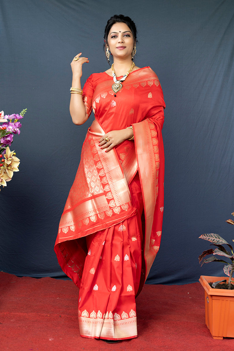 Monjolika Fashion Red Banarasi Silk Blend Saree with Silver Zari Border & Woven Pallu