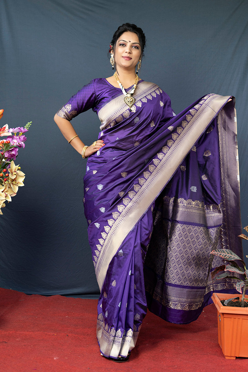 Monjolika Fashion Violet Banarasi Silk Blend Saree with Silver Zari Border & Woven Pallu