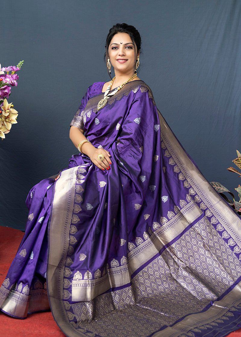 Monjolika Fashion Violet Banarasi Silk Blend Saree with Silver Zari Border & Woven Pallu