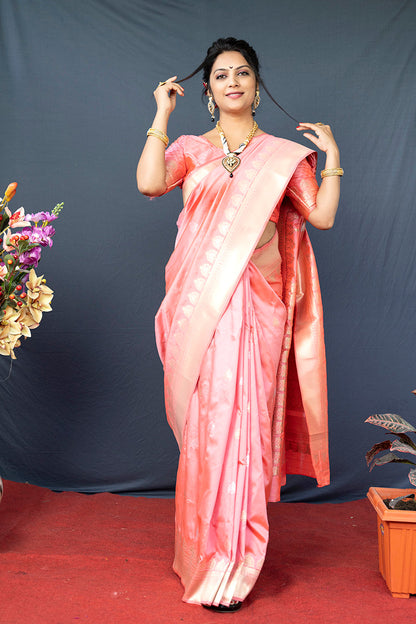 Monjolika Fashion Baby Pink Banarasi Silk Blend Saree with Silver Zari Border & Woven Pallu