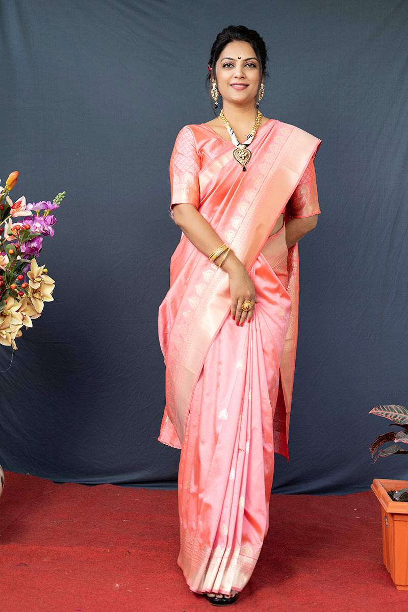 Monjolika Fashion Baby Pink Banarasi Silk Blend Saree with Silver Zari Border & Woven Pallu