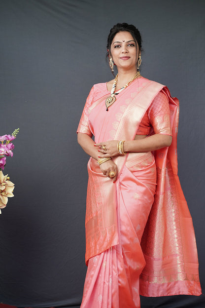 Monjolika Fashion Baby Pink Banarasi Silk Blend Saree with Silver Zari Border & Woven Pallu