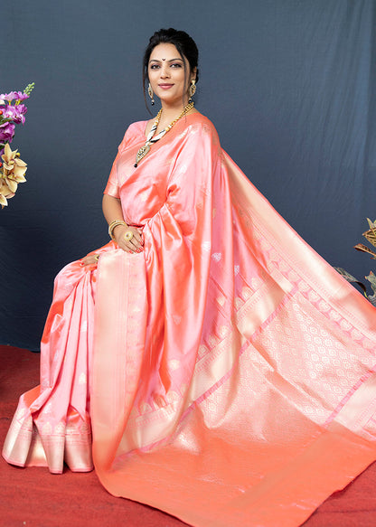 Monjolika Fashion Baby Pink Banarasi Silk Blend Saree with Silver Zari Border & Woven Pallu