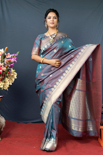Monjolika Fashion Grey Banarasi Silk Blend Saree with Silver Zari Border & Woven Pallu