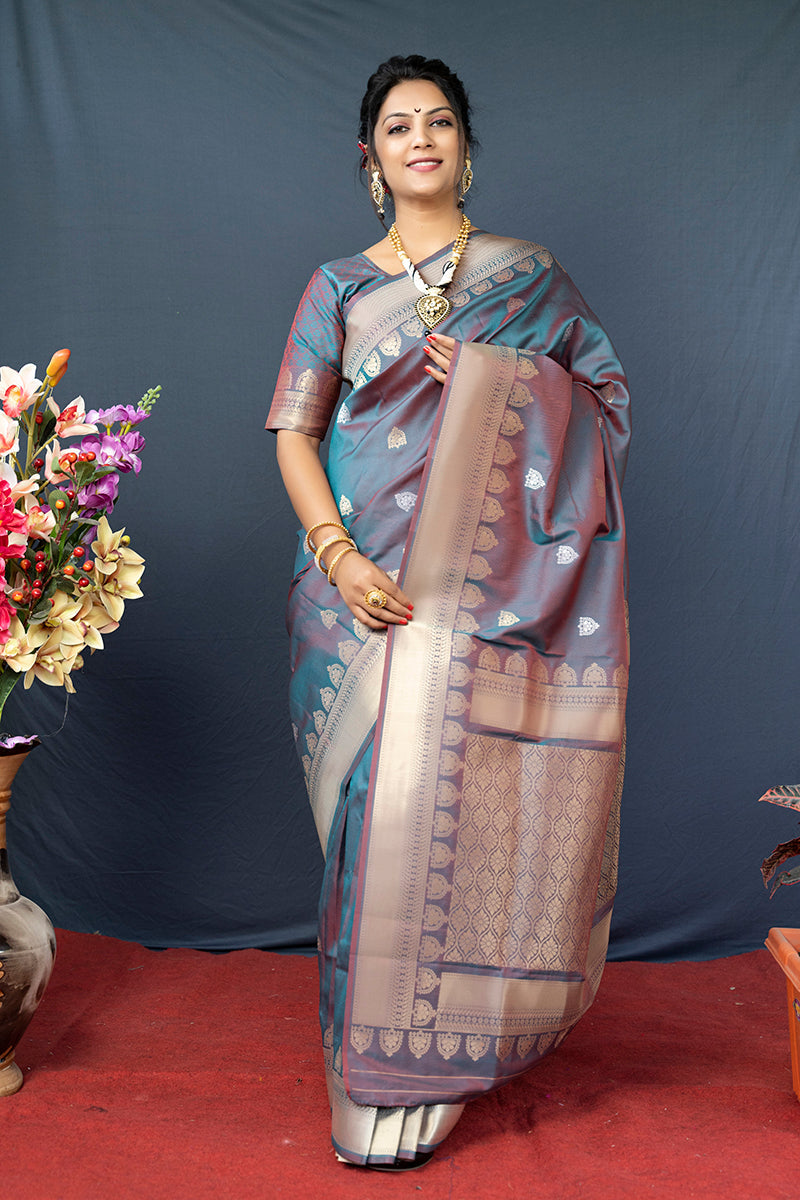 Monjolika Fashion Grey Banarasi Silk Blend Saree with Silver Zari Border & Woven Pallu