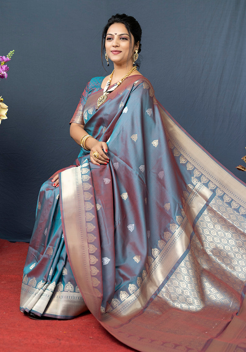 Monjolika Fashion Grey Banarasi Silk Blend Saree with Silver Zari Border & Woven Pallu