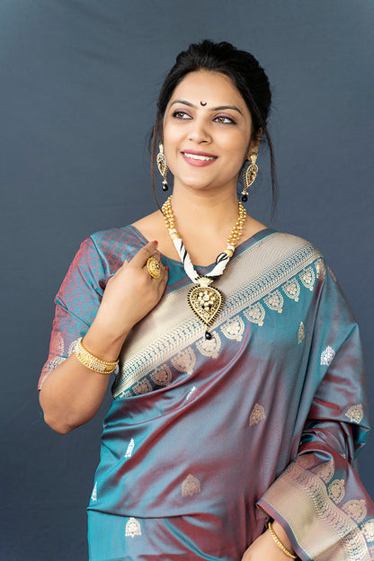 Monjolika Fashion Grey Banarasi Silk Blend Saree with Silver Zari Border & Woven Pallu