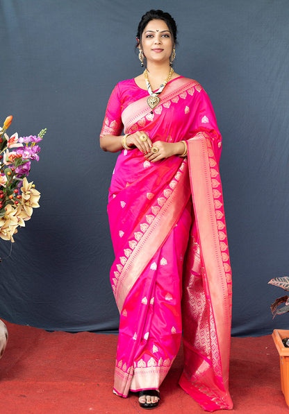 Monjolika Fashion Rani Pink Banarasi Silk Blend Saree with Silver Zari Border & Woven Pallu