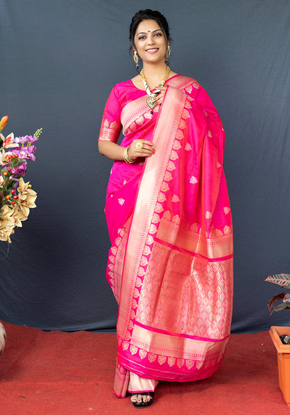 Monjolika Fashion Rani Pink Banarasi Silk Blend Saree with Silver Zari Border & Woven Pallu