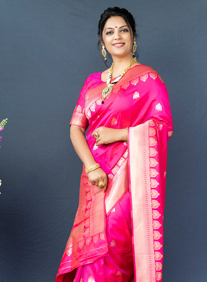 Monjolika Fashion Rani Pink Banarasi Silk Blend Saree with Silver Zari Border & Woven Pallu