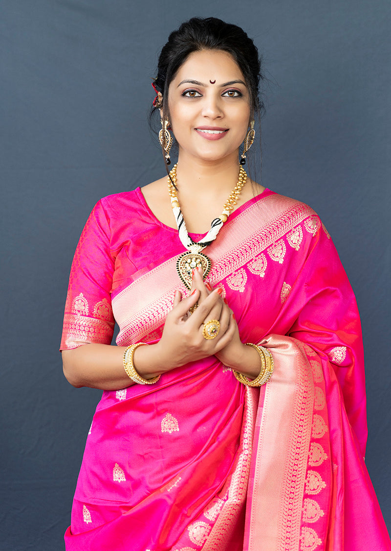 Monjolika Fashion Rani Pink Banarasi Silk Blend Saree with Silver Zari Border & Woven Pallu