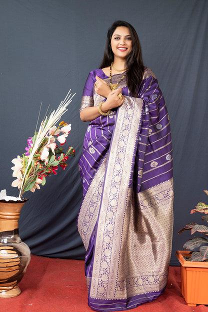 Monjolika Fashion Purple Banarasi Silk Blend Saree With Zari Border & Woven Pallu
