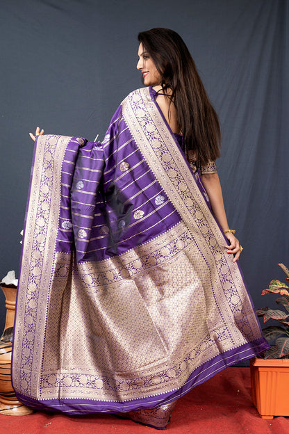 Monjolika Fashion Purple Banarasi Silk Blend Saree With Zari Border & Woven Pallu