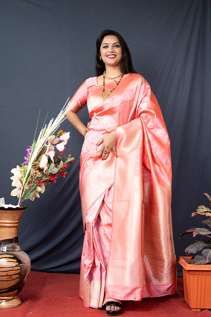 Monjolika Fashion Baby Pink Banarasi Silk Blend Saree With Zari Border & Woven Pallu