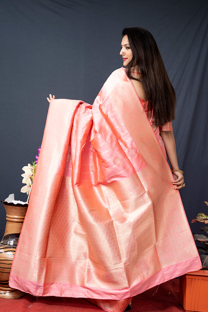 Monjolika Fashion Baby Pink Banarasi Silk Blend Saree With Zari Border & Woven Pallu