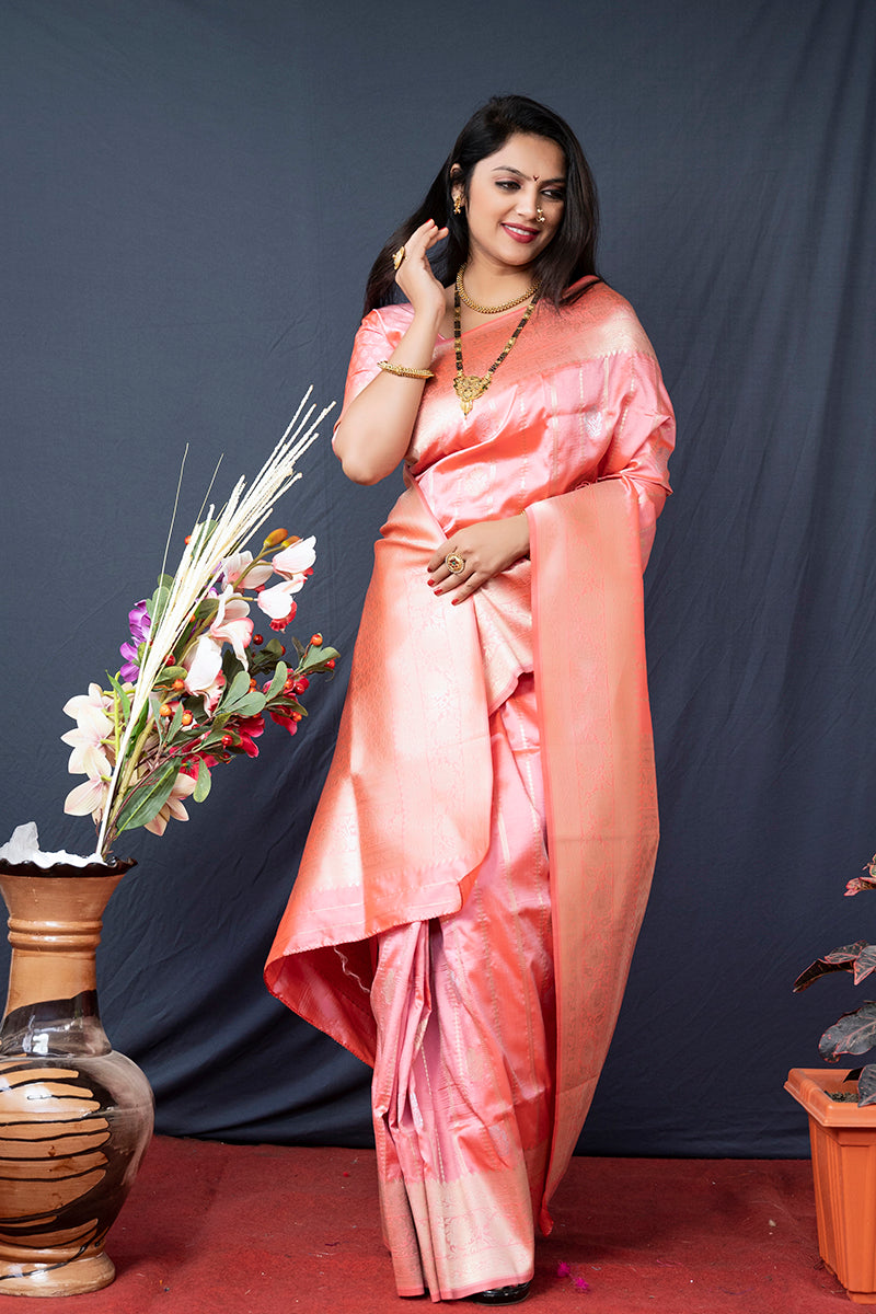 Monjolika Fashion Baby Pink Banarasi Silk Blend Saree With Zari Border & Woven Pallu