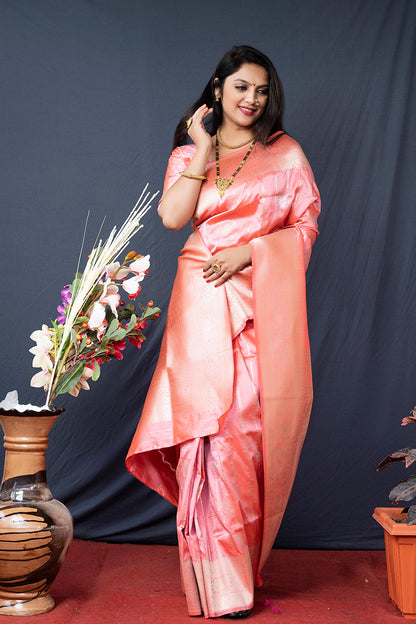 Monjolika Fashion Baby Pink Banarasi Silk Blend Saree With Zari Border & Woven Pallu