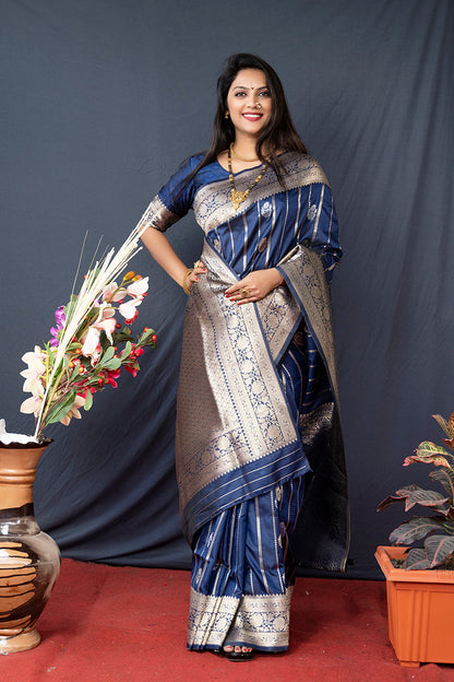 Monjolika Fashion Navy Blue Banarasi Silk Blend Saree With Zari Border & Woven Pallu