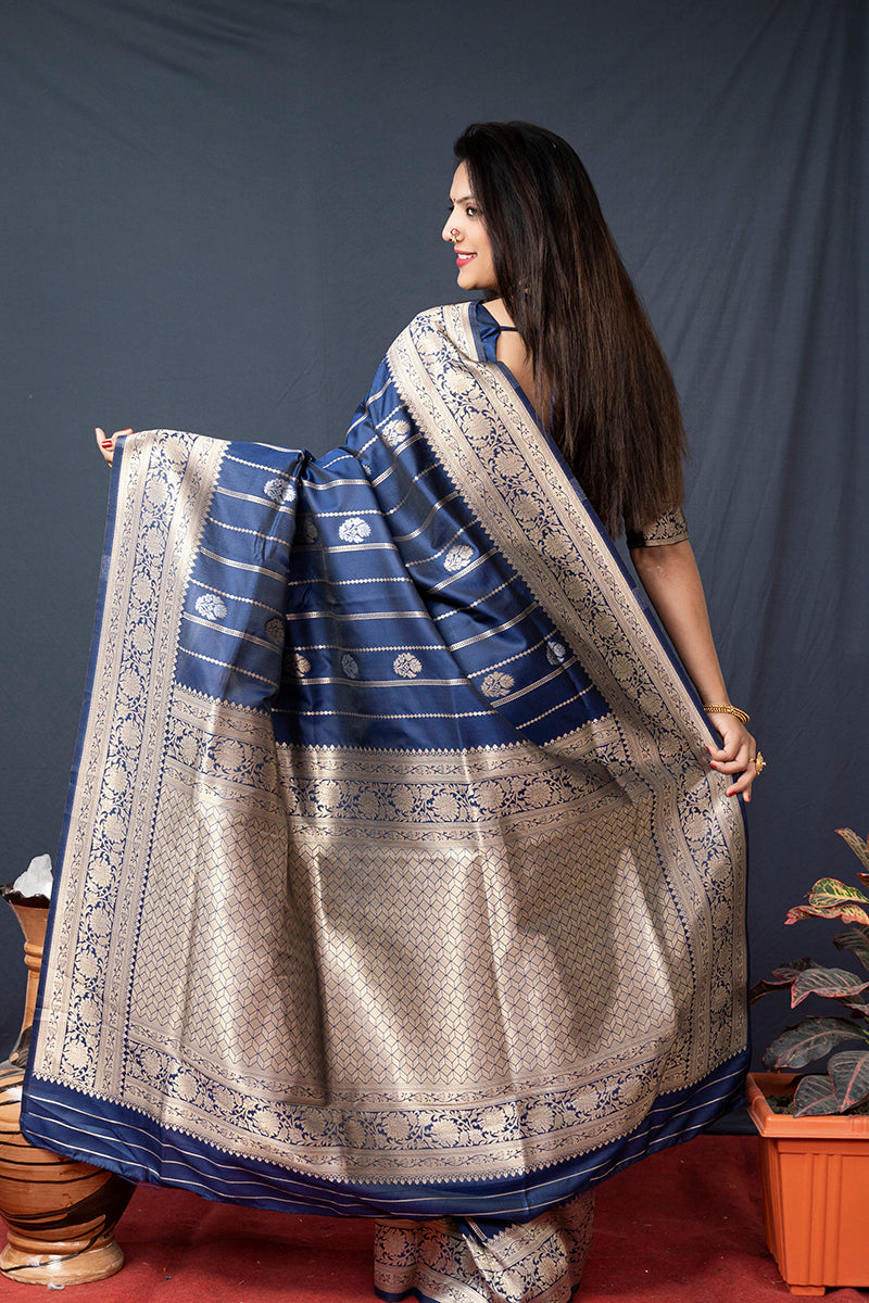 Monjolika Fashion Navy Blue Banarasi Silk Blend Saree With Zari Border & Woven Pallu