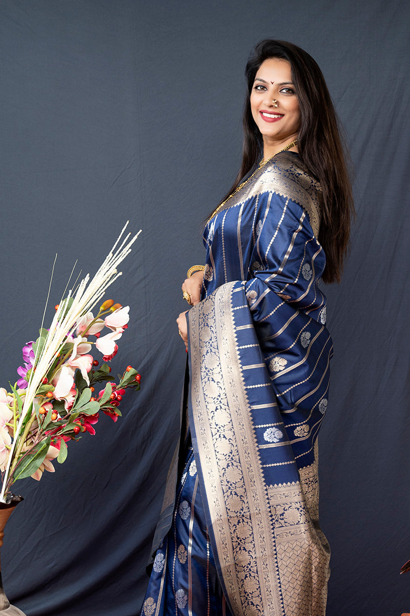 Monjolika Fashion Navy Blue Banarasi Silk Blend Saree With Zari Border & Woven Pallu