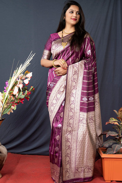 Monjolika Fashion Wine Banarasi Silk Blend Saree With Zari Border & Woven Pallu