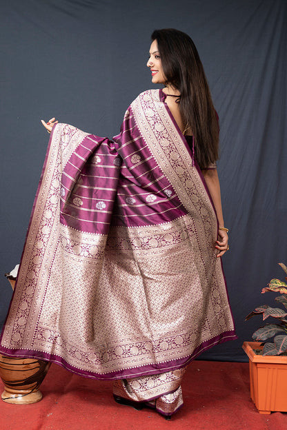 Monjolika Fashion Wine Banarasi Silk Blend Saree With Zari Border & Woven Pallu