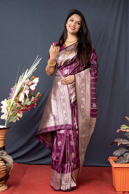 Monjolika Fashion Wine Banarasi Silk Blend Saree With Zari Border & Woven Pallu
