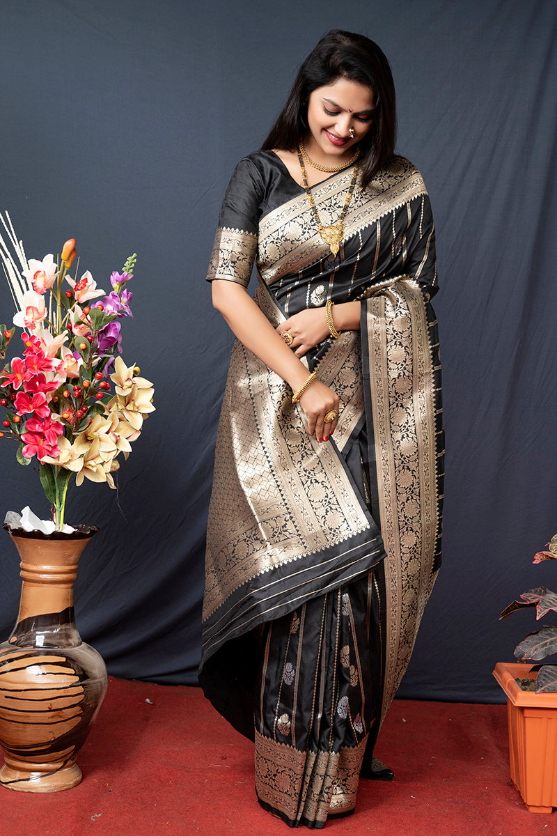 Monjolika Fashion Black Banarasi Silk Blend Saree With Zari Border & Woven Pallu