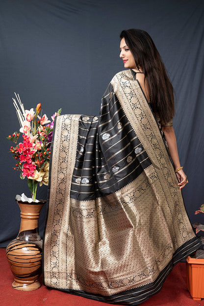 Monjolika Fashion Black Banarasi Silk Blend Saree With Zari Border & Woven Pallu