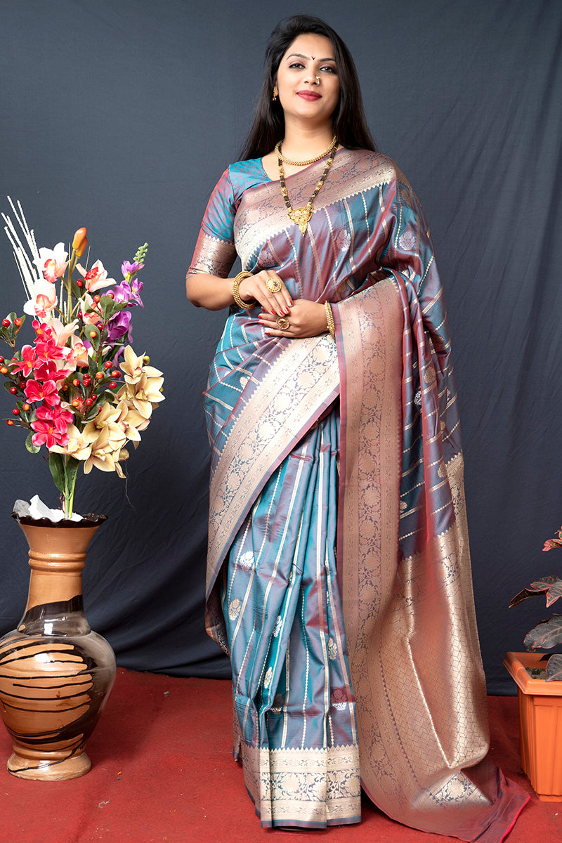 Monjolika Fashion Grey Banarasi Silk Blend Saree With Zari Border & Woven Pallu