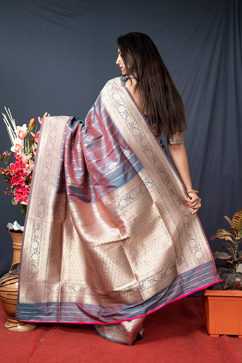Monjolika Fashion Grey Banarasi Silk Blend Saree With Zari Border & Woven Pallu