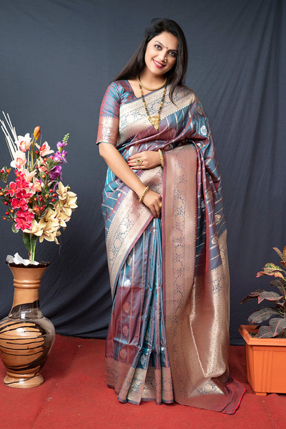 Monjolika Fashion Grey Banarasi Silk Blend Saree With Zari Border & Woven Pallu