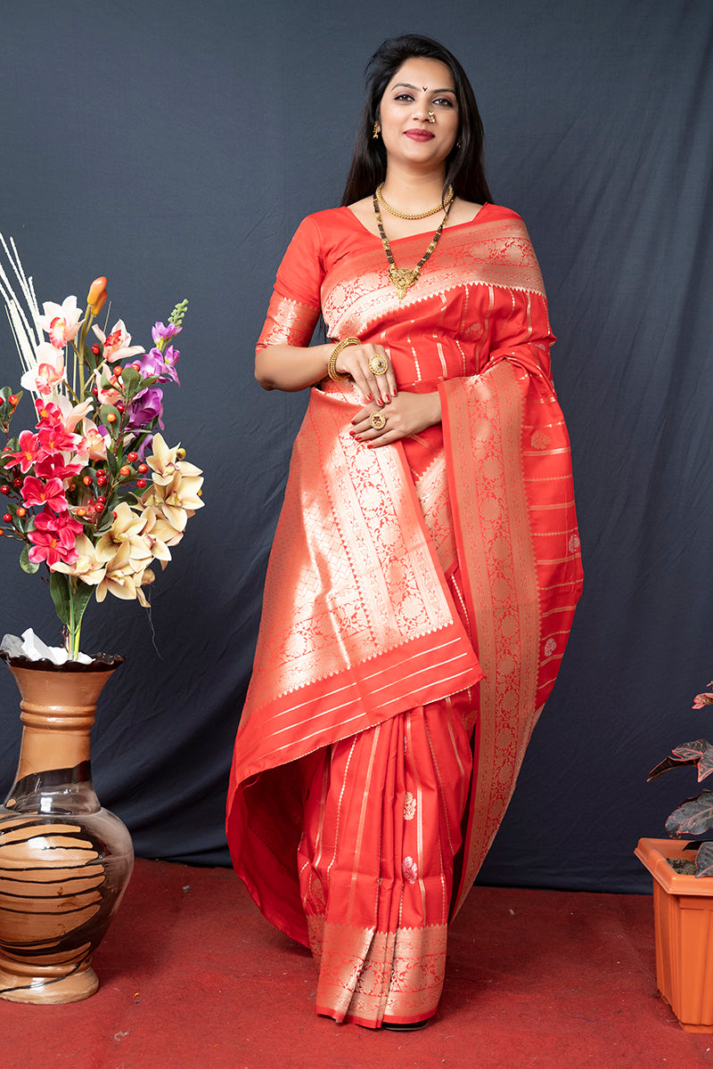 Monjolika Fashion Red Banarasi Silk Blend Saree With Zari Border & Woven Pallu