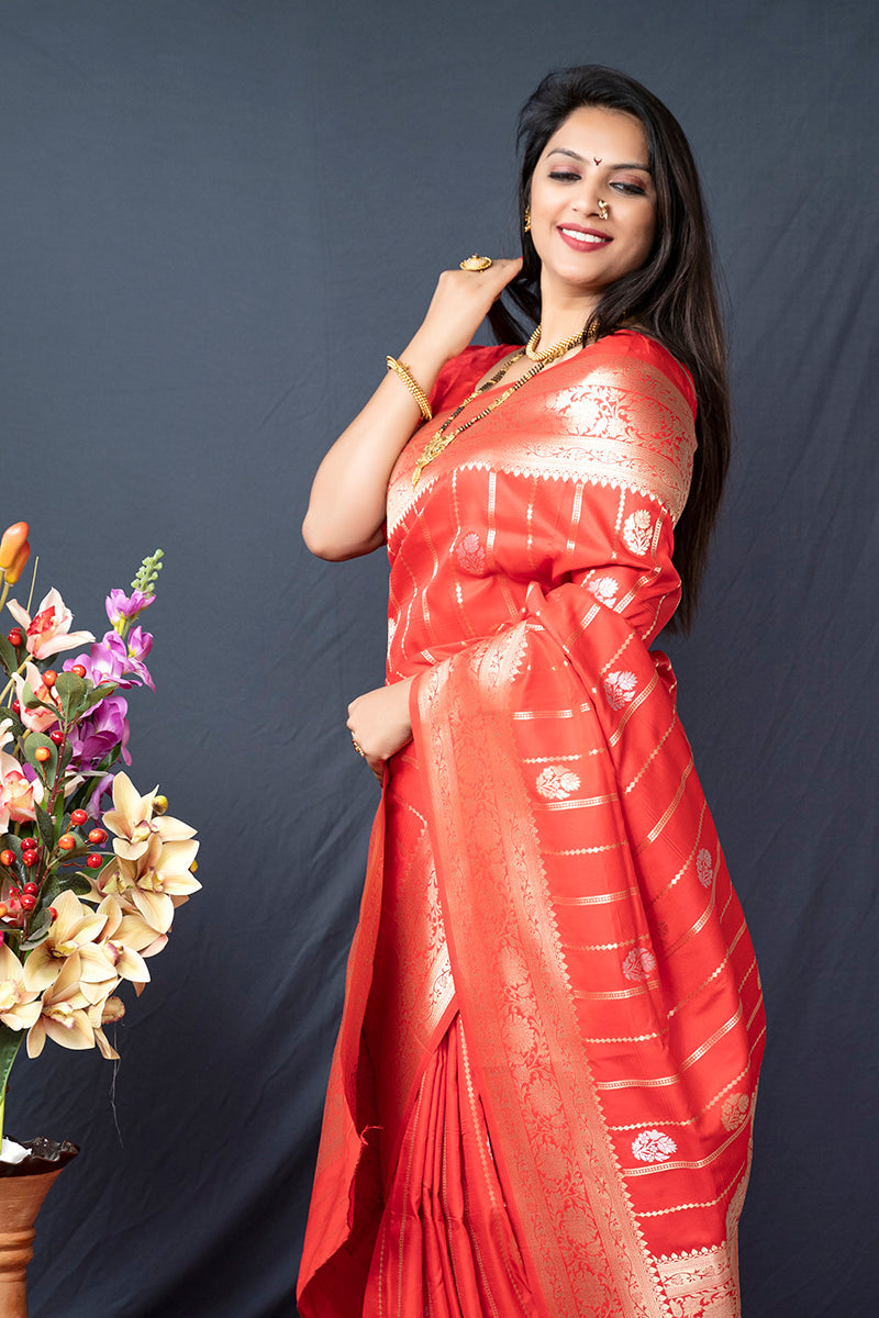 Monjolika Fashion Red Banarasi Silk Blend Saree With Zari Border & Woven Pallu