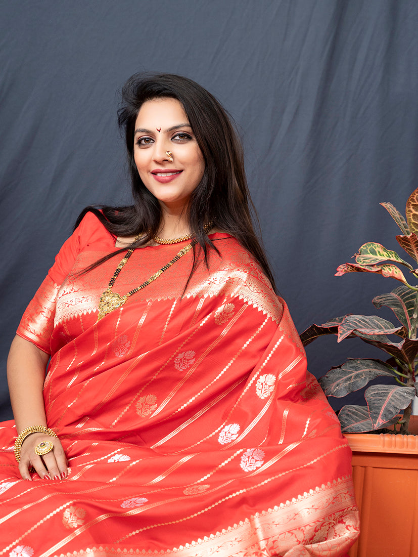 Monjolika Fashion Red Banarasi Silk Blend Saree With Zari Border & Woven Pallu