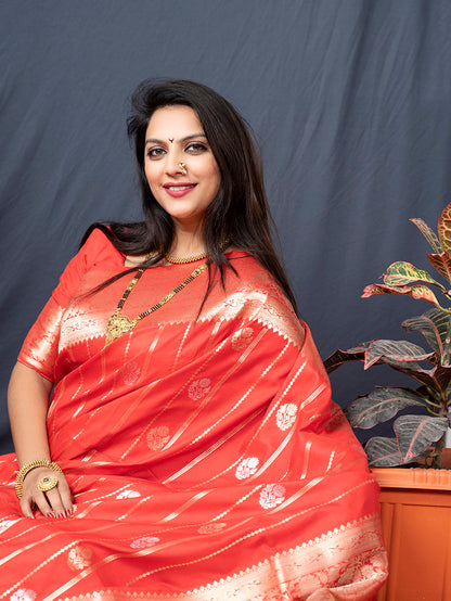 Monjolika Fashion Red Banarasi Silk Blend Saree With Zari Border & Woven Pallu