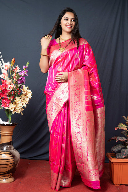 Monjolika Fashion Rani Pink Banarasi Silk Blend Saree With Zari Border & Woven Pallu