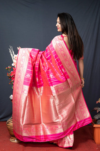 Monjolika Fashion Rani Pink Banarasi Silk Blend Saree With Zari Border & Woven Pallu