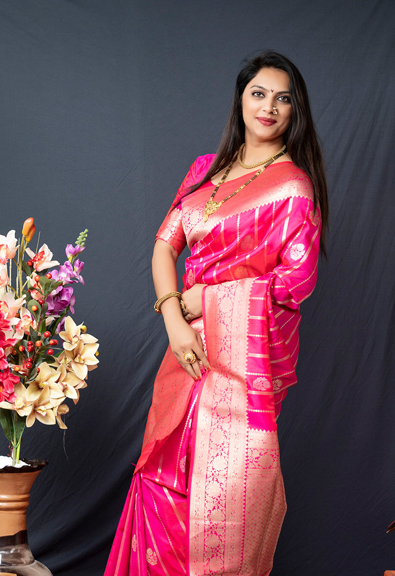 Monjolika Fashion Rani Pink Banarasi Silk Blend Saree With Zari Border & Woven Pallu