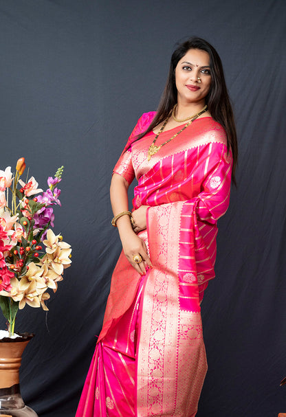 Monjolika Fashion Rani Pink Banarasi Silk Blend Saree With Zari Border & Woven Pallu