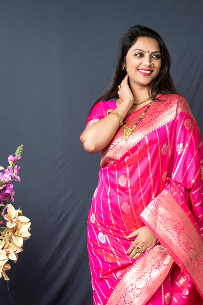 Monjolika Fashion Rani Pink Banarasi Silk Blend Saree With Zari Border & Woven Pallu