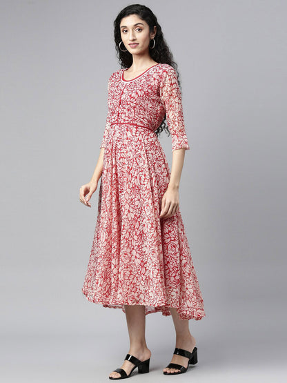 Souchii White & Red Floral Layered Chiffon Beautiful Midi Dress