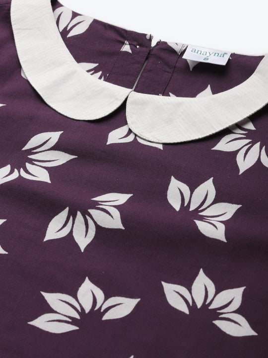 Anayna Women Aubergine & White Floral Screen Print Peter-Pan Collar Cotton Fusion Kurta
