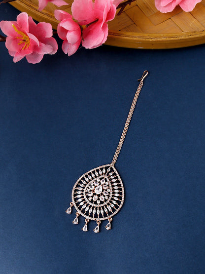 Yellow Chimes Rose Gold-Polished Ad Stone-Studded Maang Tikka